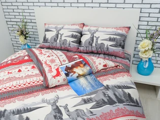 Белое с красным и серым рисунком купить  постельное белье в интернет магазине LaScala C-040