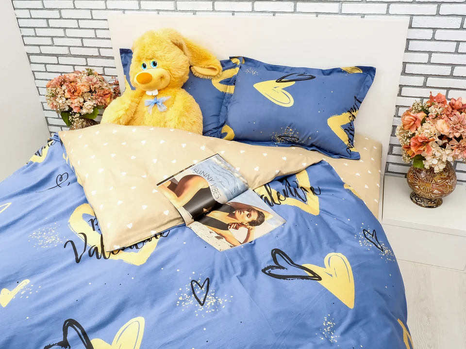 Синее с желтым сатиновое постельное белье от производителя в магазине LaScala.ua Y230-022